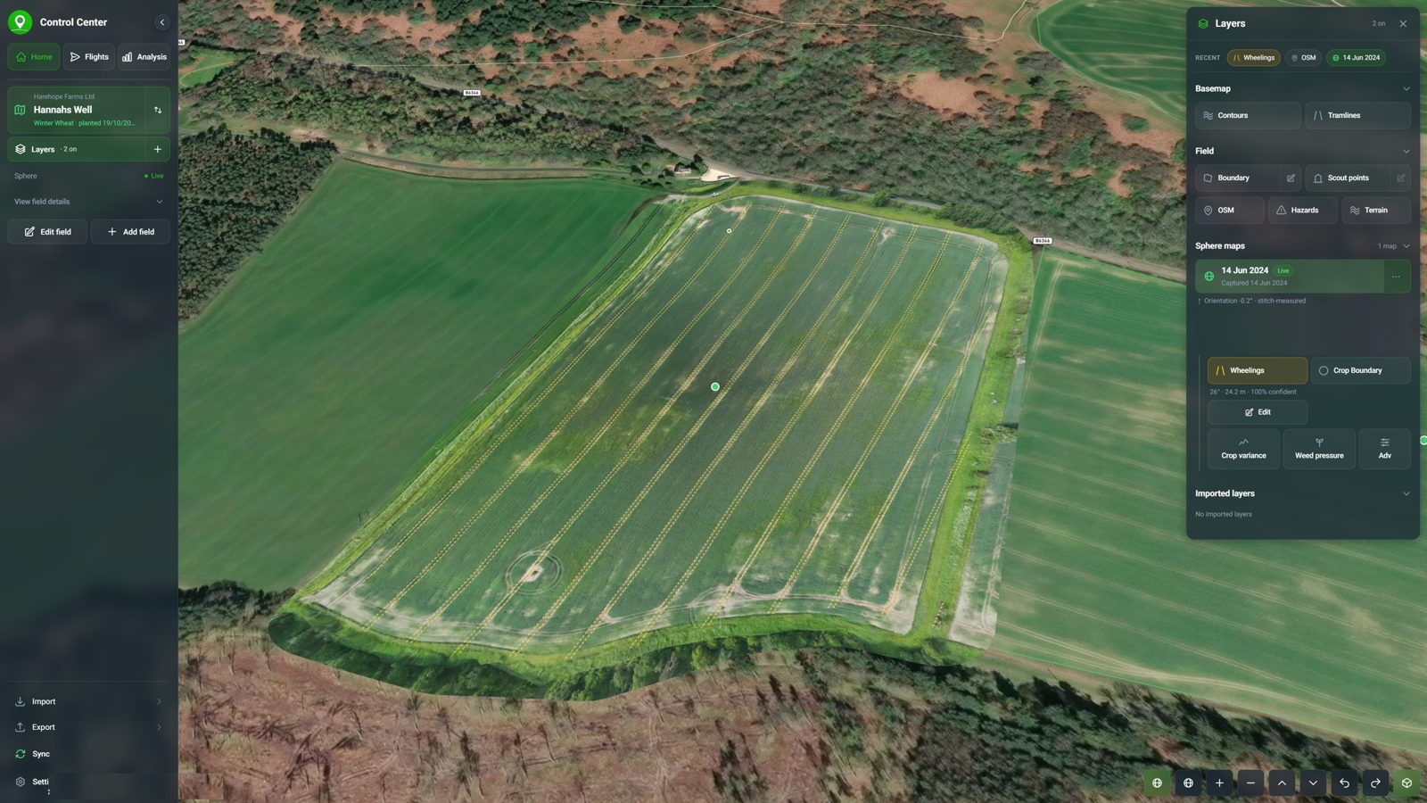 Tramlines found automatically from the flight, shown in yellow