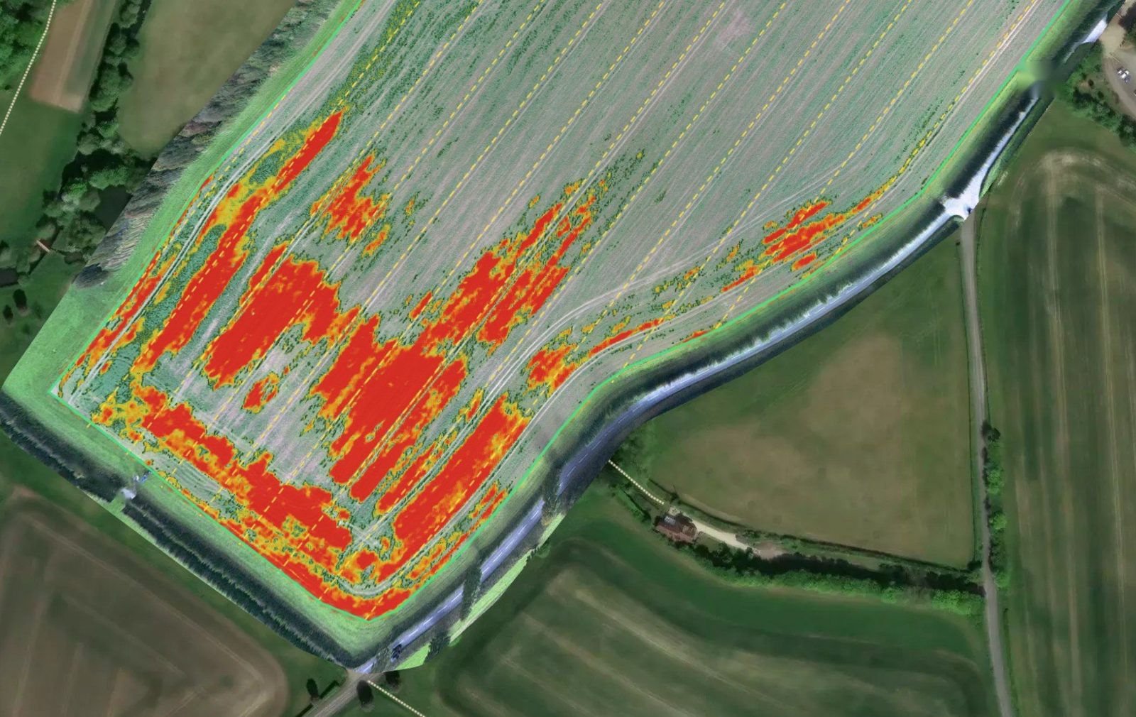 A top-down weed map of the field. Weed patches are shown in red, orange and yellow across the lower half and along the headland; the upper field is largely clear.